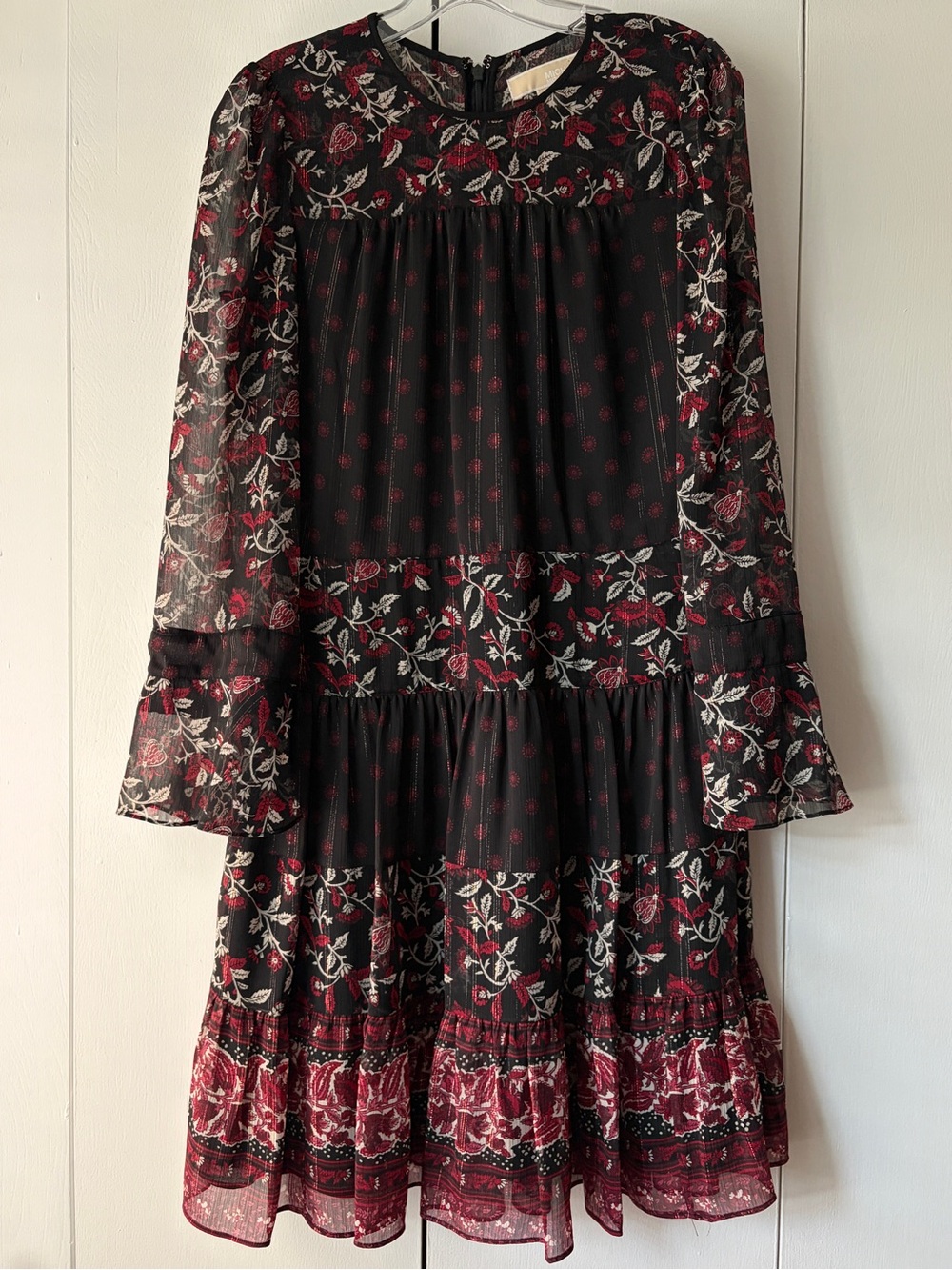 Michael Kors Black A-Line Dress Skirt with Burgundy and Cream Floral Print